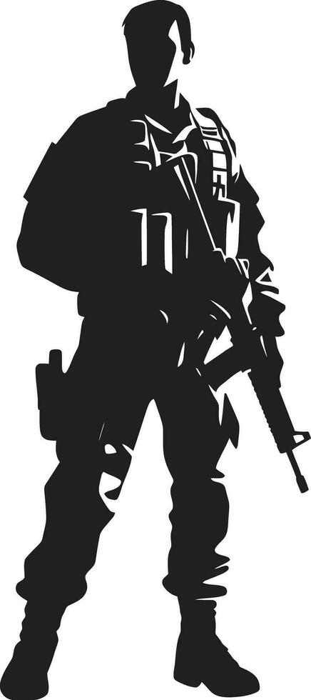 Combat Ready Guardian Armed Soldier Emblem in Black Tactical Defender Armyman Vector Logo Icon Design