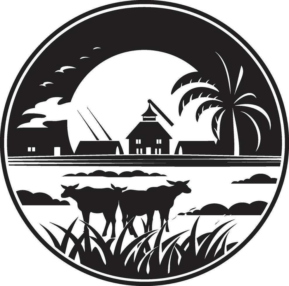 granja horizonte agrícola casa de Campo emblema campos de resplandor negro vector logo para país vivo