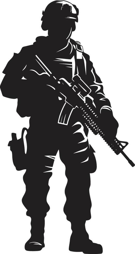 batalla Listo centinela negro logo de un armado guerrero estratégico vigilancia vector negro hombre del ejército icono