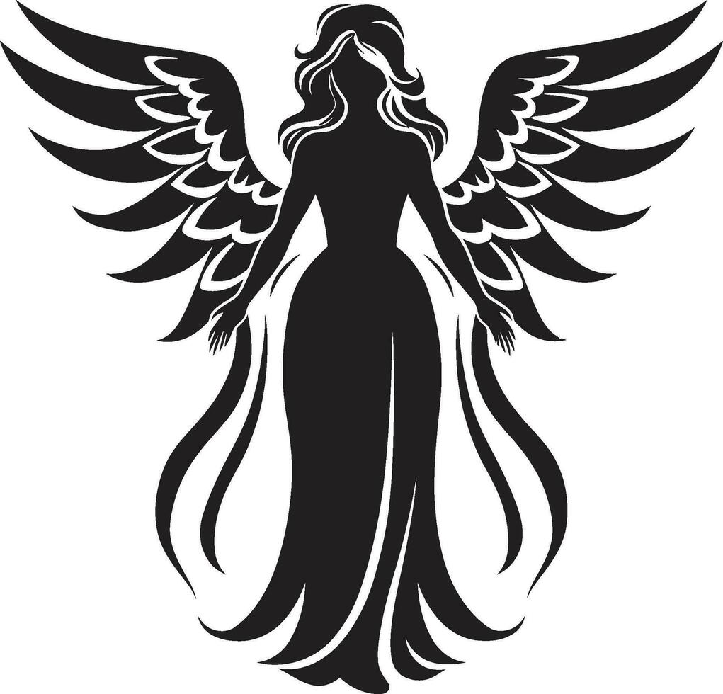 etéreo guardián ángel símbolo diseño radiante alas negro angelical emblema vector