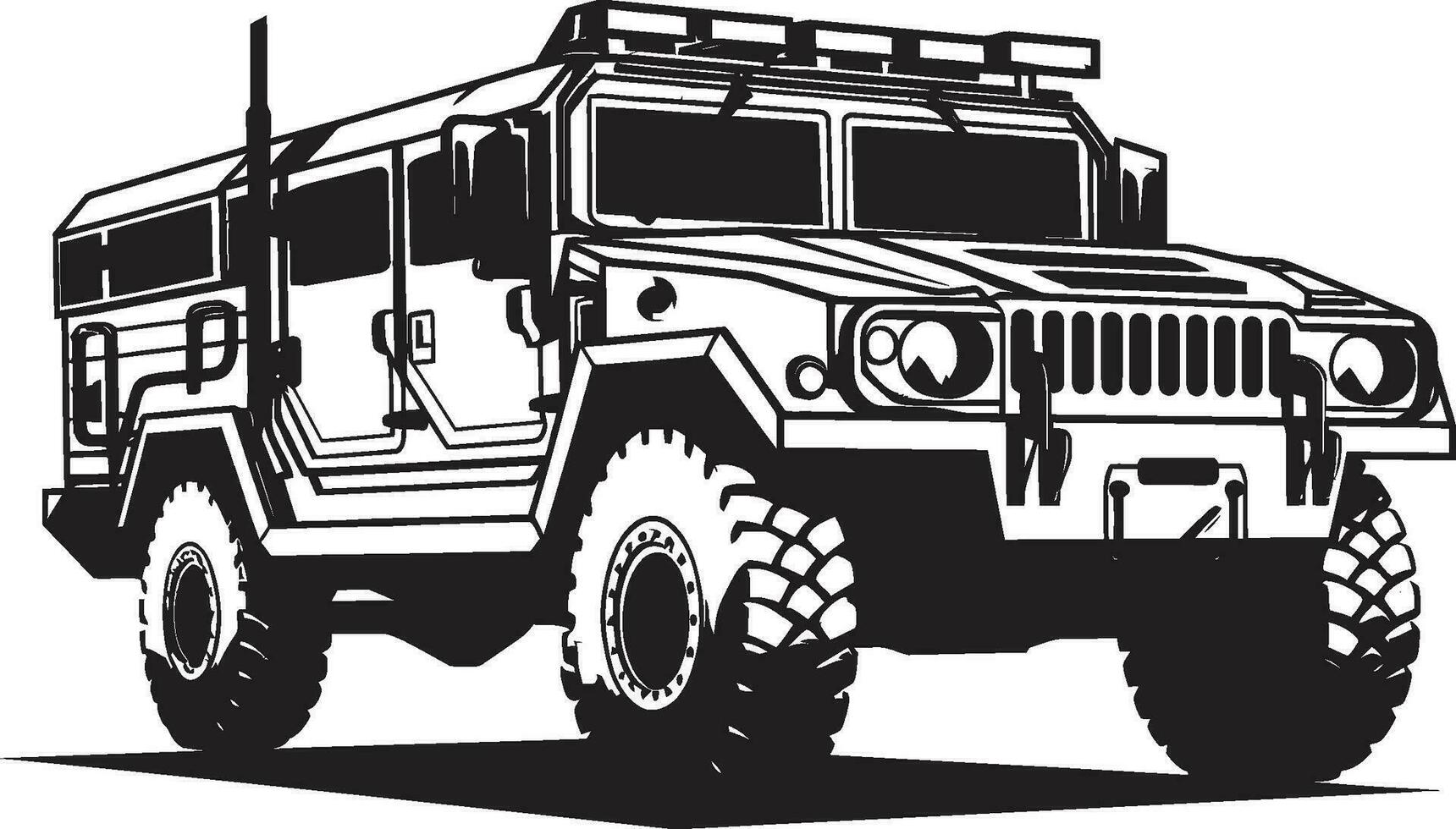 táctico transporte negro icónico 4x4 emblema militante pionero vector Ejército suv icono