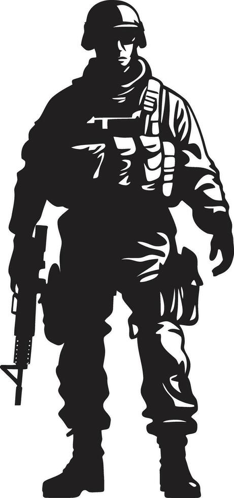 Combat Vigilance Black Logo Icon of an Armed Soldier Warrior Strength Vector Armyman Emblem in Black