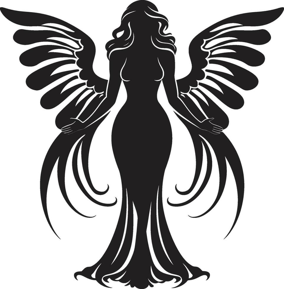 Celestial Harmony Angelic Black Logo Serene Presence Winged Angel Symbol vector