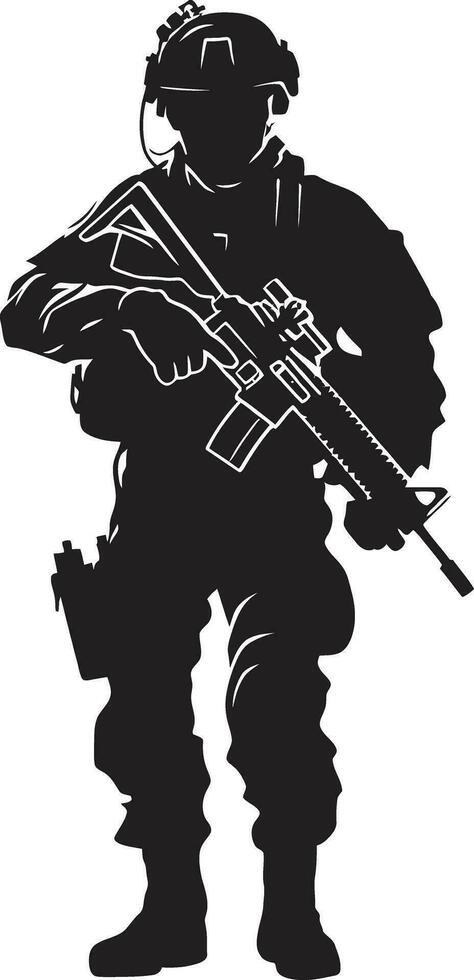Defensive Valor Black Logo Icon of an Armyman Combat Readiness Vector Armed Forces Emblem