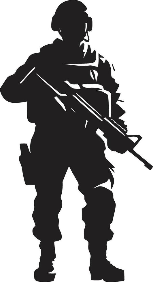 Militant Precision Armed Forces Black Logo Design Tactical Defender Armyman Icon in Black Vector