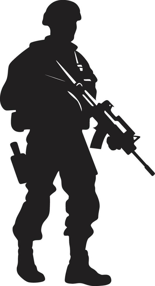 estratégico vigilancia vector negro hombre del ejército icono militante precisión armado efectivo emblema diseño