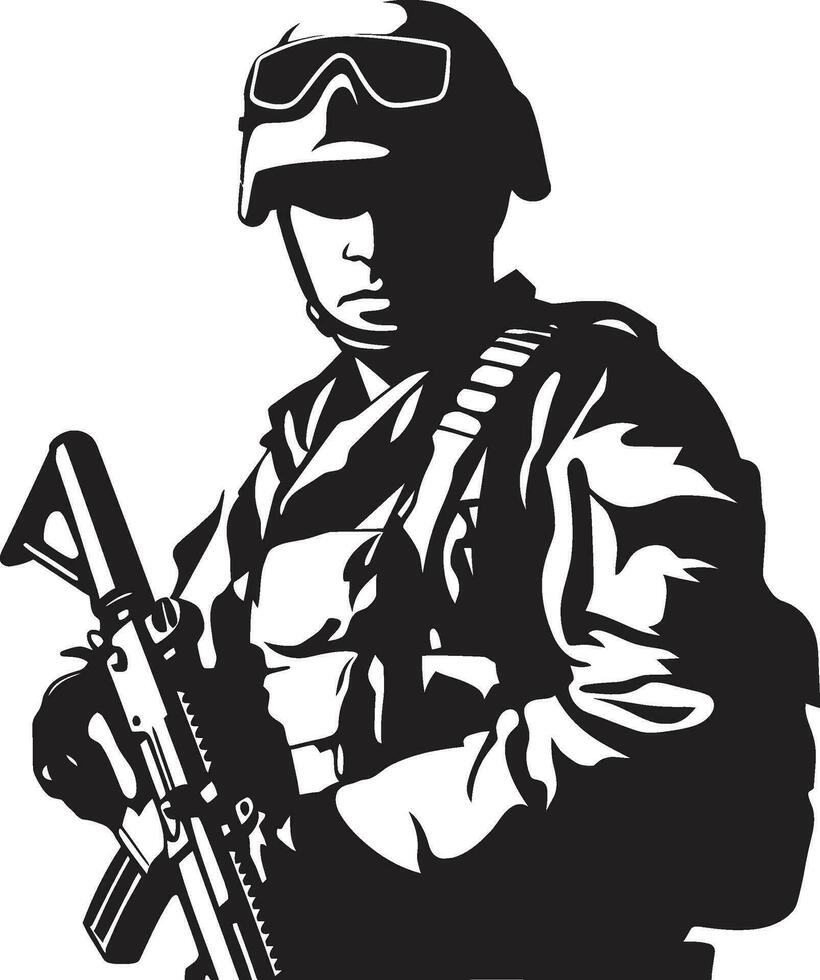 defensivo guardián armado hombre del ejército negro icono combatiente vigor vector hombre del ejército emblema