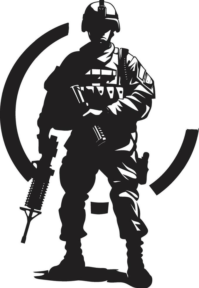 Combat Ready Guardian Armed Soldier Emblem in Black Tactical Defender Armyman Vector Logo Icon Design