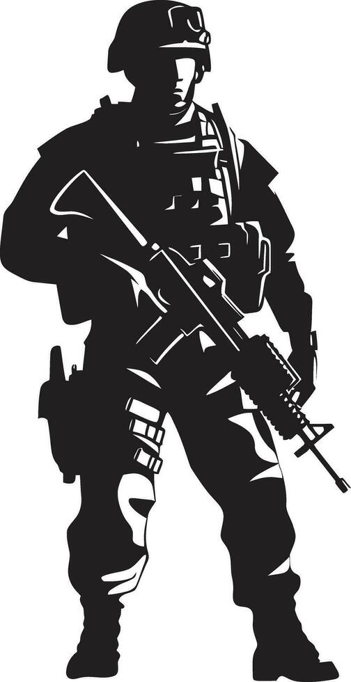 Combat Ready Guardian Armed Soldier Emblem in Black Tactical Defender Armyman Vector Logo Icon Design