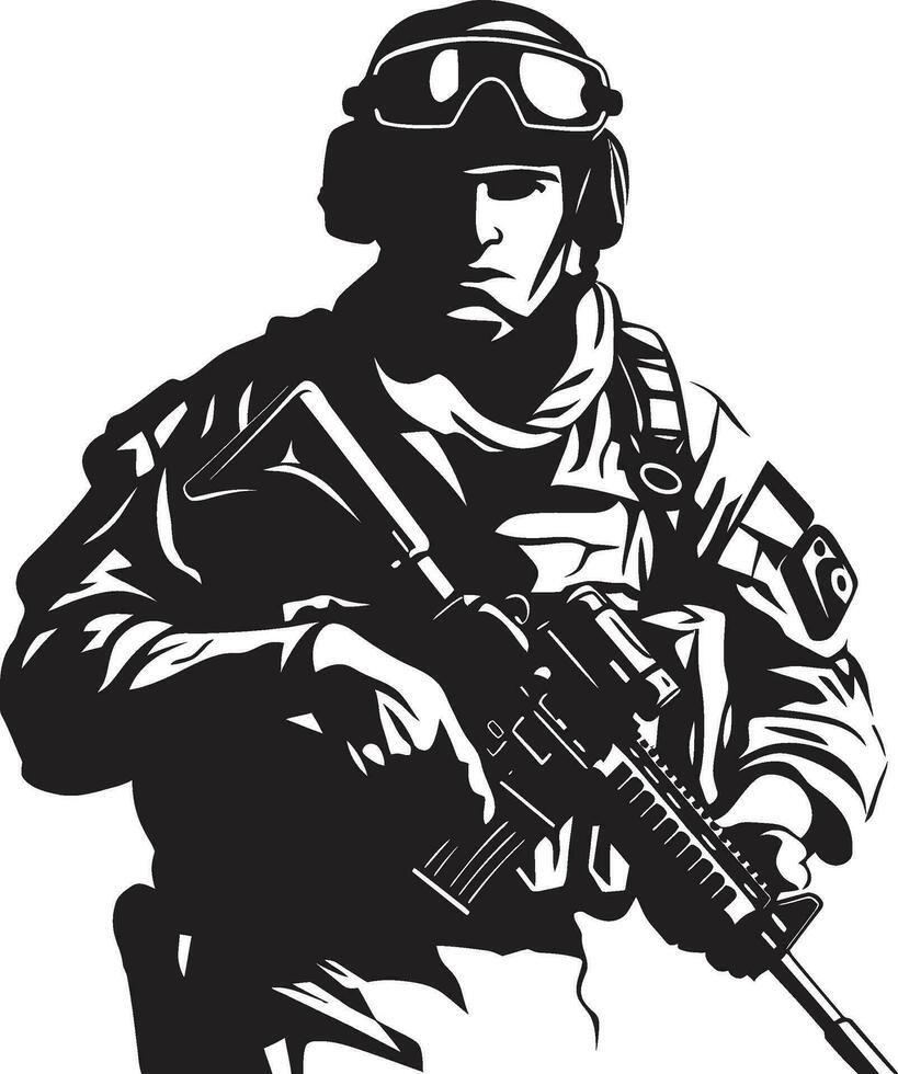 vigilante protector vector hombre del ejército negro icono combate Listo guardián armado soldado emblema en negro