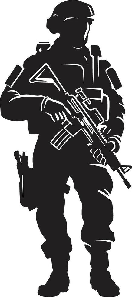 Militant Precision Armed Forces Black Logo Design Tactical Defender Armyman Icon in Black Vector