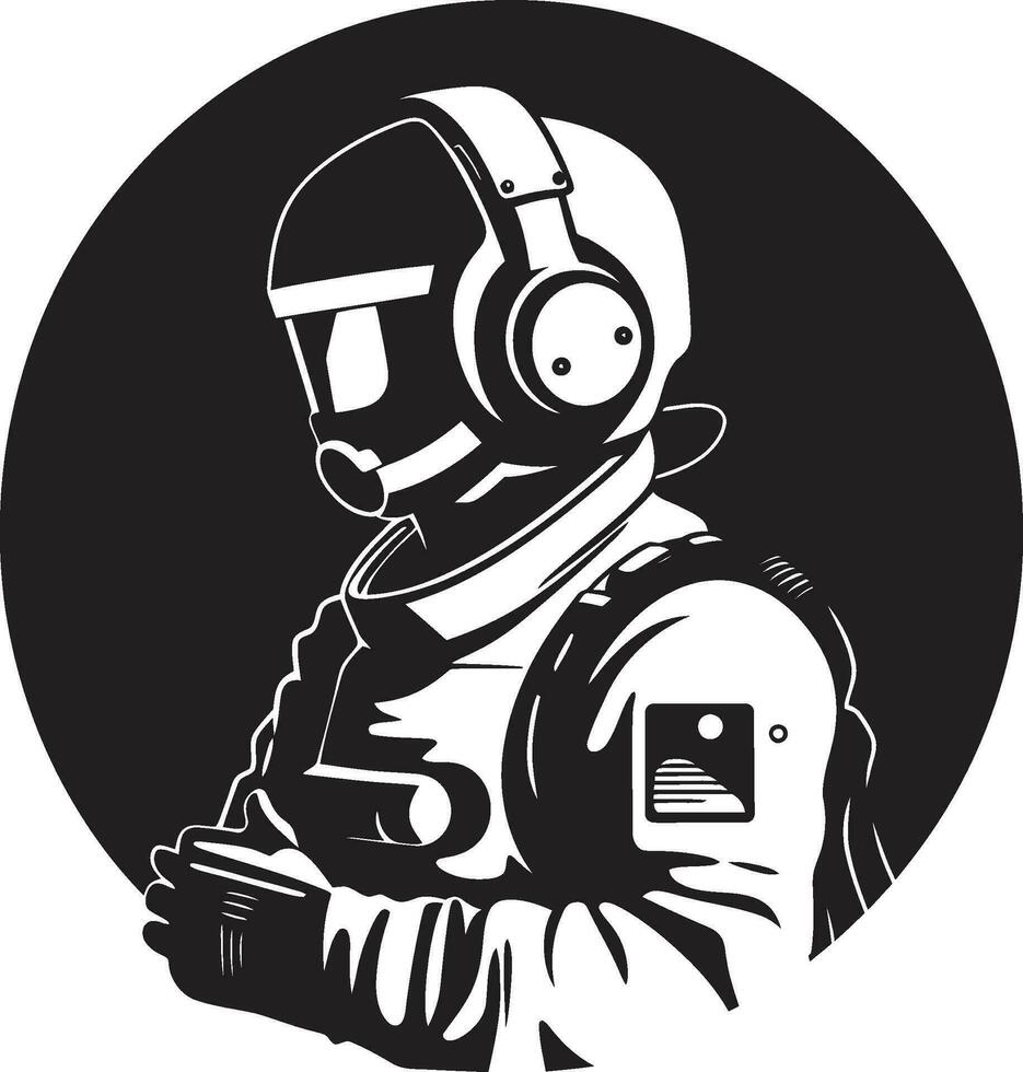 cósmico explorador astronauta vector emblema espacio pionero negro casco logo icono