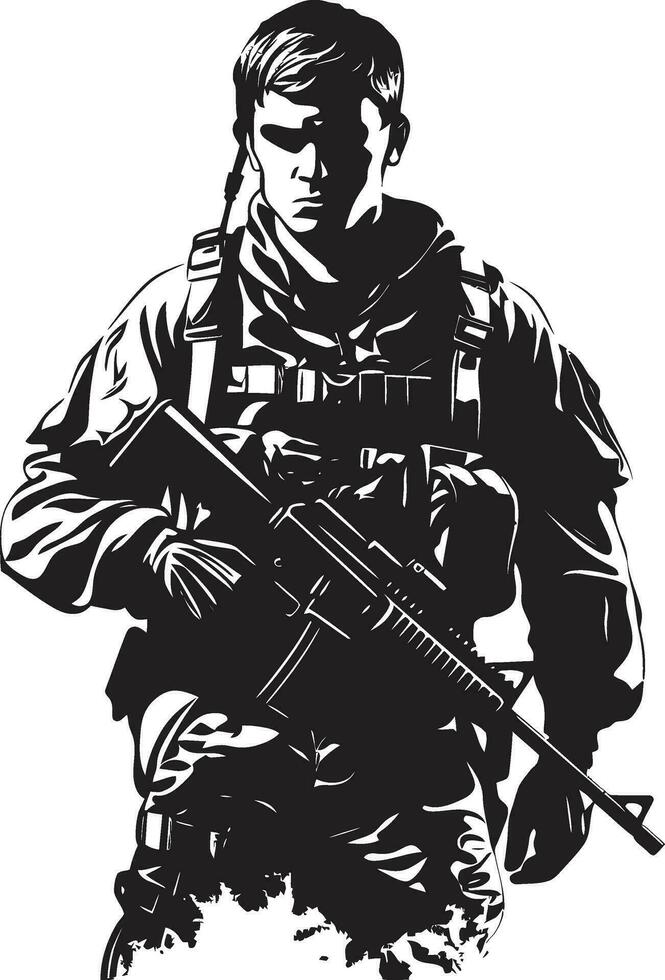 Vigilant Protector Vector Armyman Black Icon Combat Ready Guardian Armed Soldier Emblem in Black