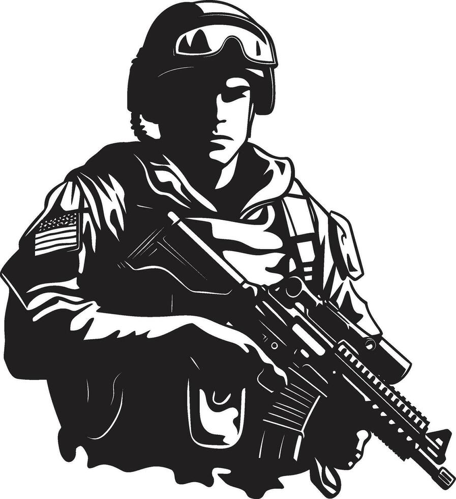 Tactical Defender Armyman Icon in Black Vector Strategic Guardian Armed Soldier Emblem Design