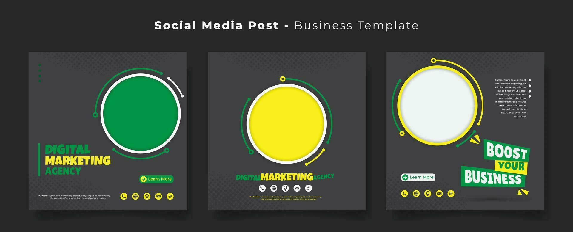 Social media post in dark background with green yellow white circle design for advertising design vector