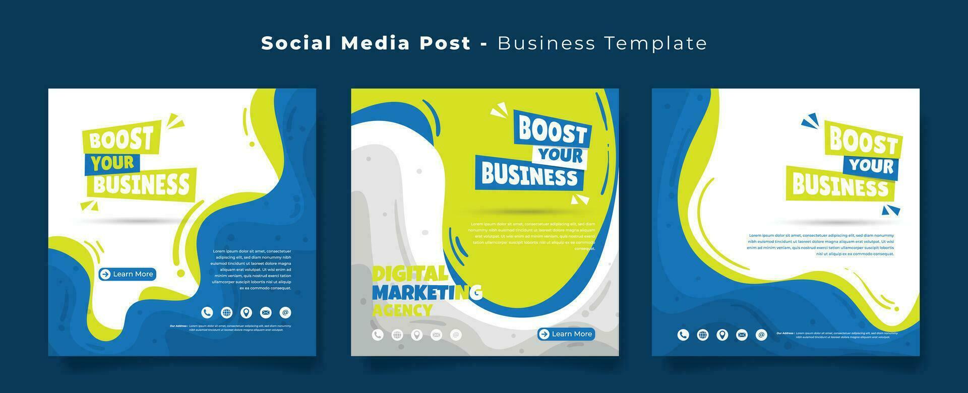 Social media post template for advertising design with waving green and blue background vector