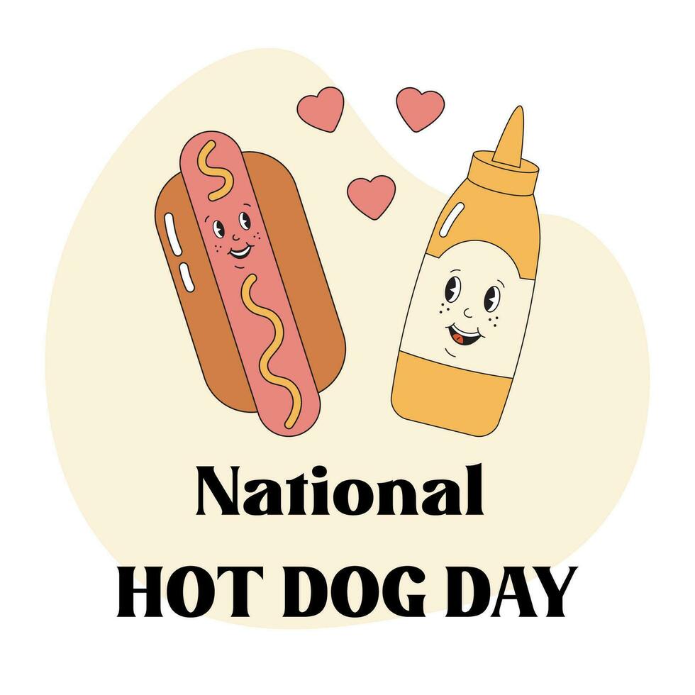National Hot dog day vector illustration. Cute funny hot dog and mustard together. For Media resources, posters, cards, social media.
