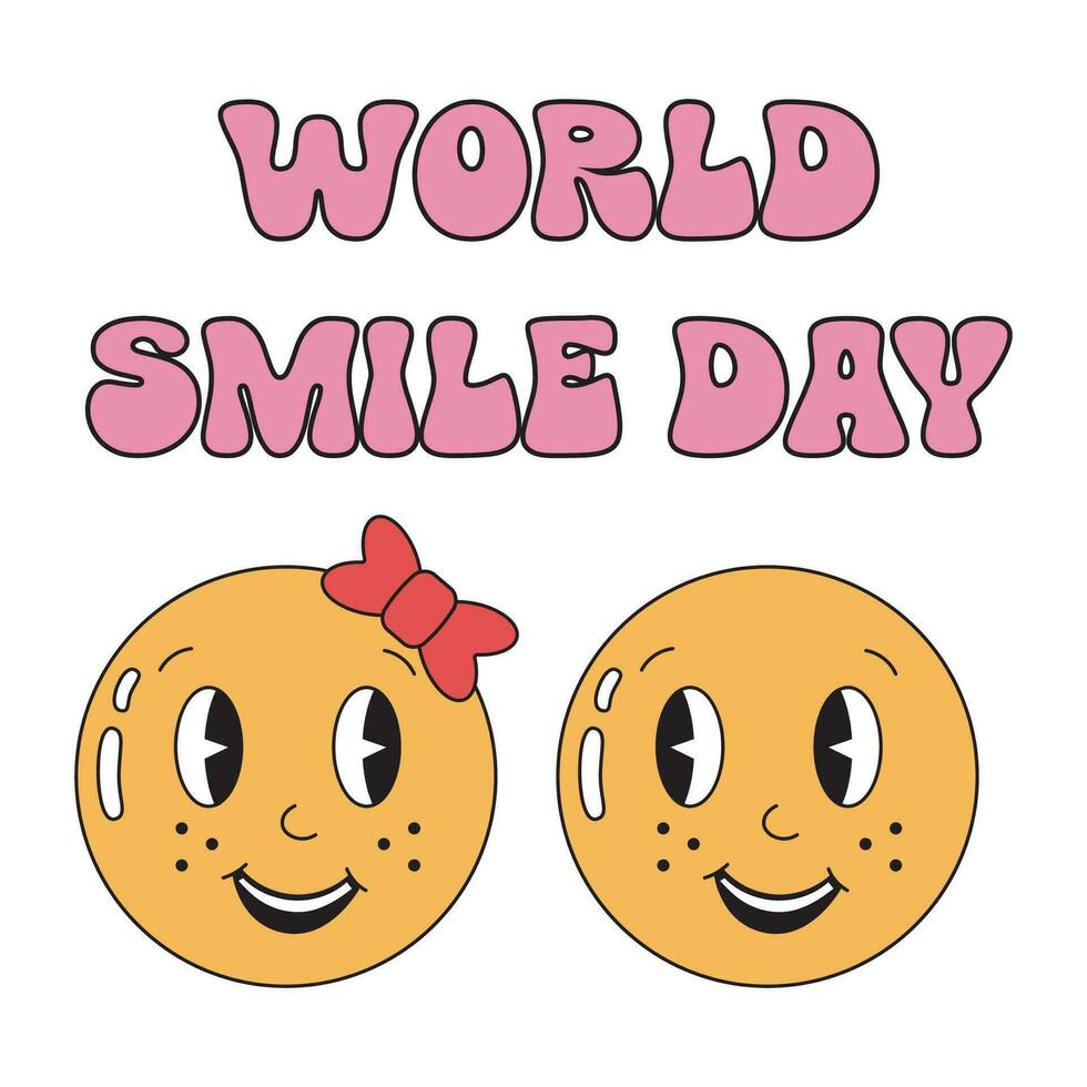 mundo sonrisa día ilustración con Pareja de contento sonriente amarillo emojis gracioso emoji chico y niña en retro estilo. Perfecto para saludo tarjeta, póster, social medios de comunicación, medios de comunicación recursos. vector