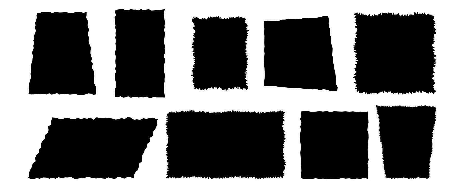 Jagged rectangles collection. Set of black grunge element, shapes with jagged edges. Torn paper pieces for collage, text box, banner, sticker. Vector. Vector illustration