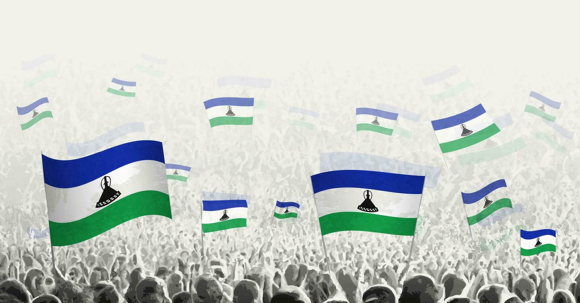 Abstract crowd with flag of Lesotho. Peoples protest, revolution, strike and demonstration with flag of Lesotho. vector