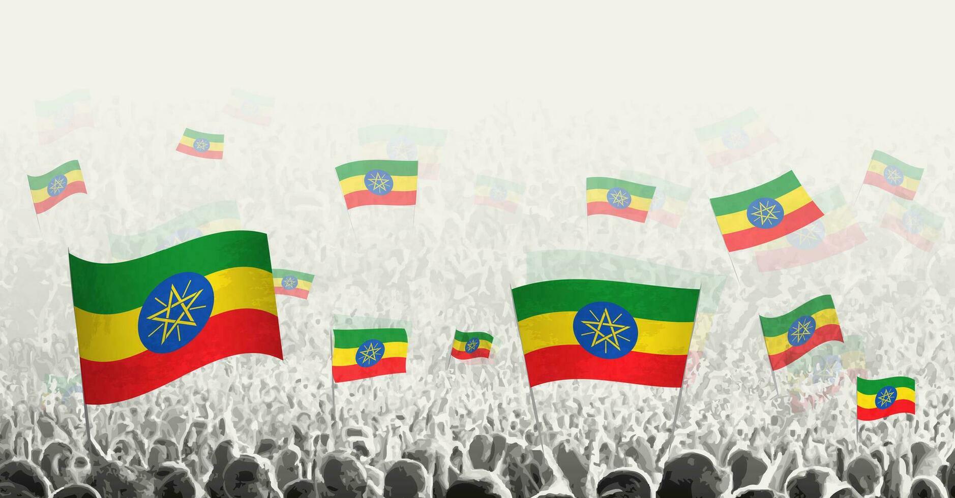 Abstract crowd with flag of Ethiopia. Peoples protest, revolution, strike and demonstration with flag of Ethiopia. vector