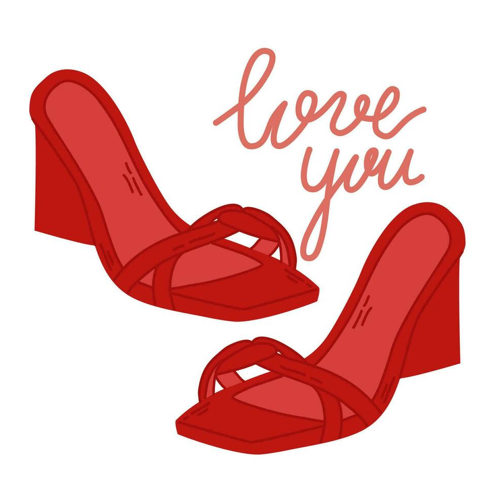 Sexy pair of red shoes vector illustration for Valentine s Day. I love you postcard for February 14th