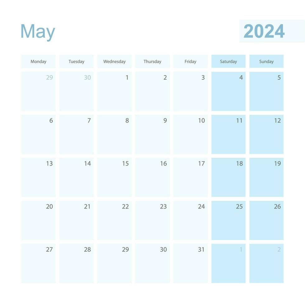2024 May wall planner in blue pastel color, week starts on Monday. vector