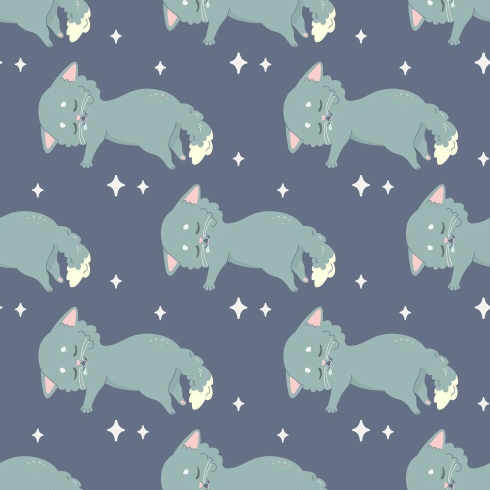 Seamless pattern sleeping cat, napping, cartoon cute, vector illustration for fabric, print, clothing