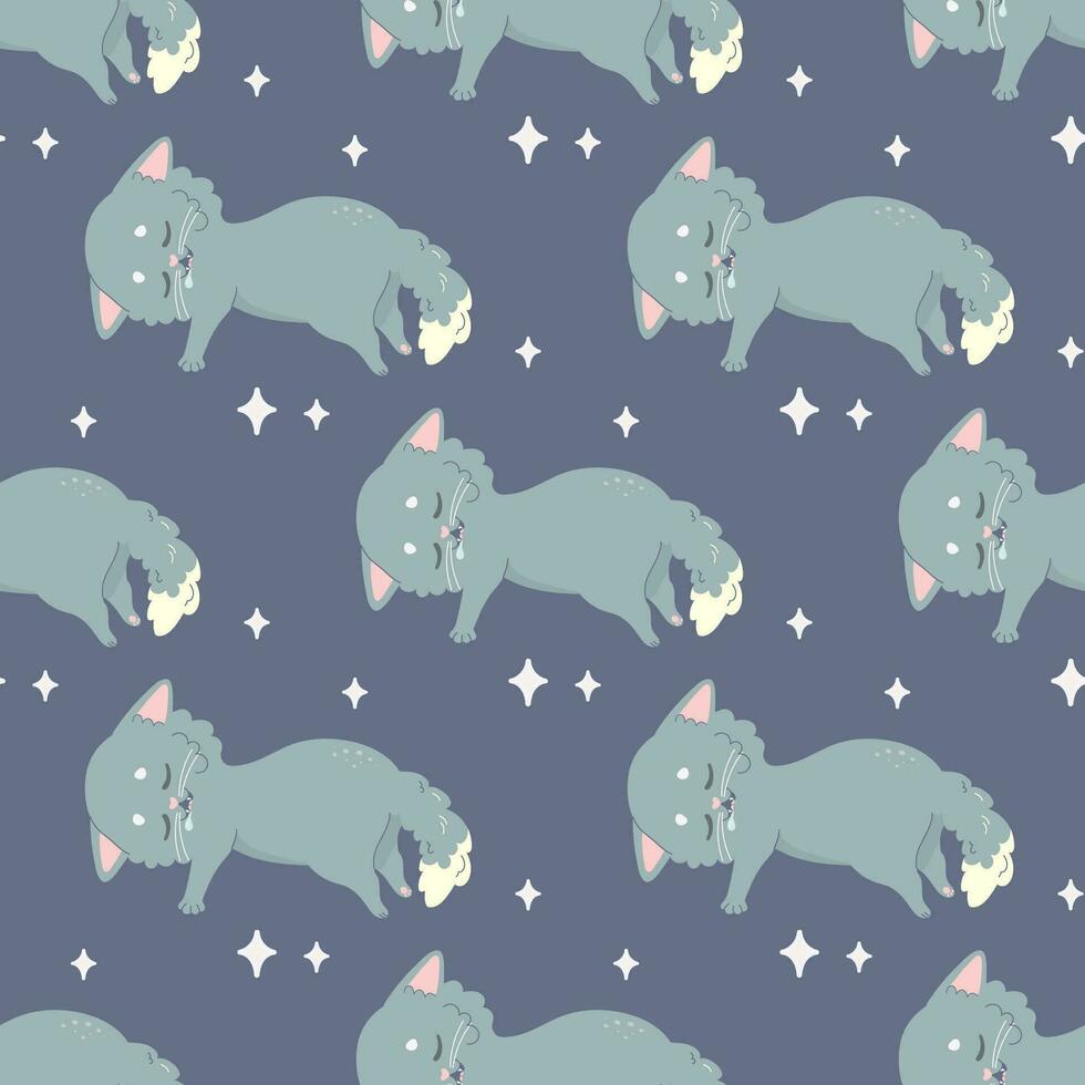 Seamless pattern sleeping cat, napping, cartoon cute, vector illustration for fabric, print, clothing