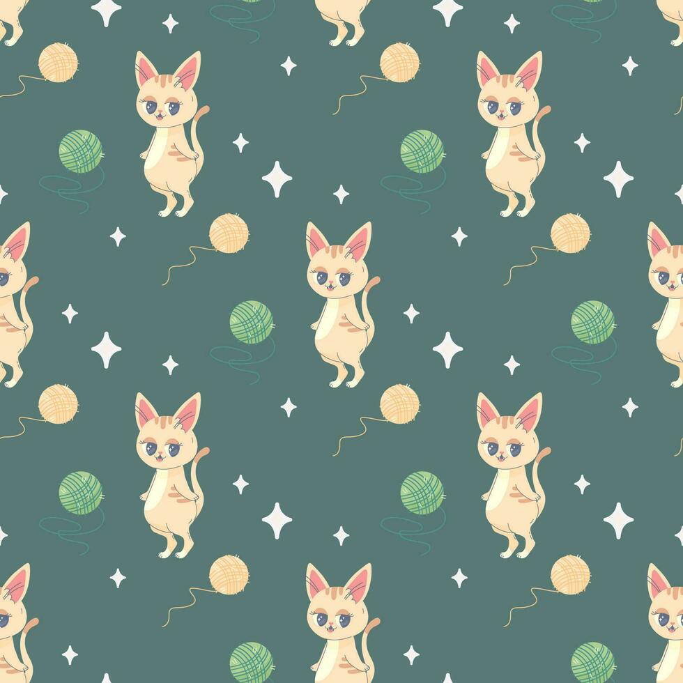 Seamless pattern of balls of thread and cat, vector illustration for fabric, print