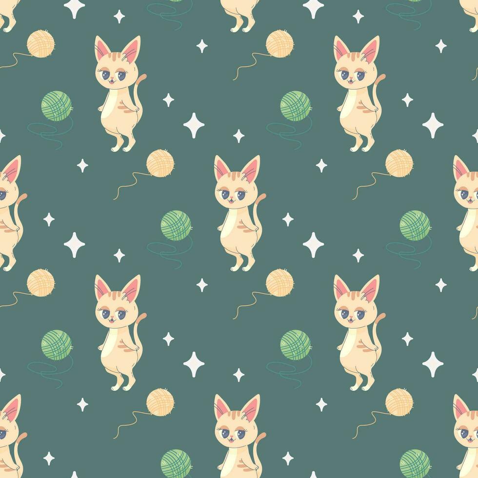 Seamless pattern of balls of thread and cat, vector illustration for fabric, print