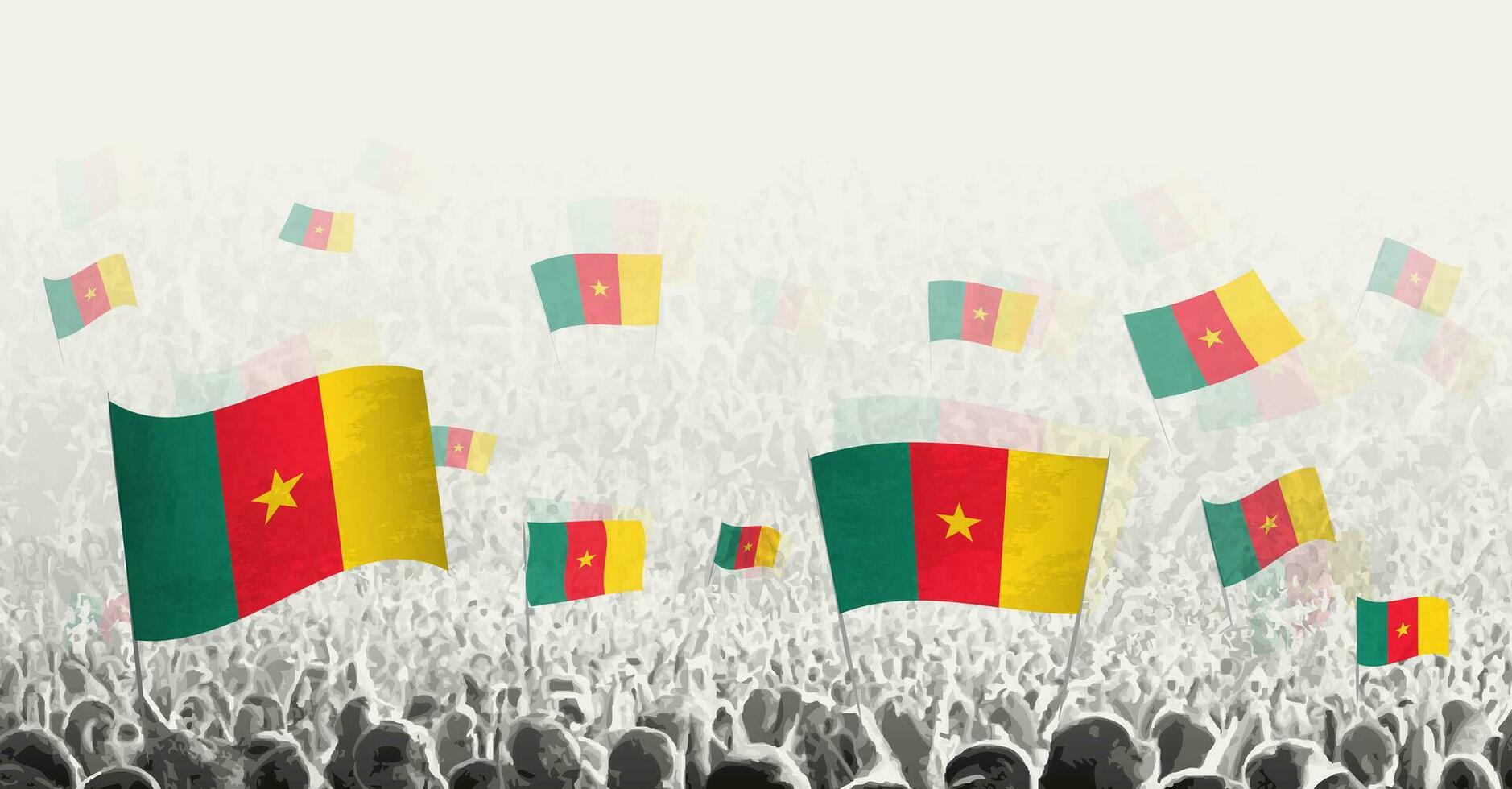 resumen multitud con bandera de Camerún. pueblos protesta, revolución, Huelga y demostración con bandera de Camerún. vector