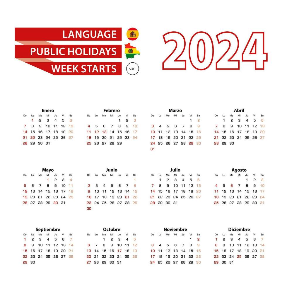 Calendar 2024 in Spanish language with public holidays the country of Bolivia in year 2024. vector