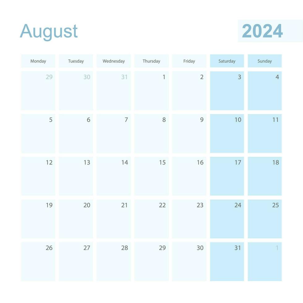 2024 agosto pared planificador en azul pastel color, semana empieza en lunes. vector