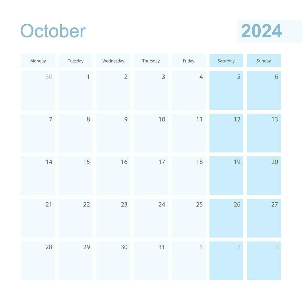 2024 October wall planner in blue pastel color, week starts on Monday. vector