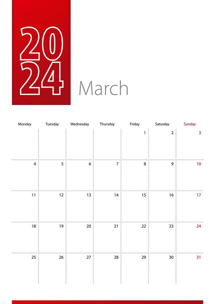 marzo 2024 calendario diseño. semana empieza en lunes. vertical calendario modelo. vector