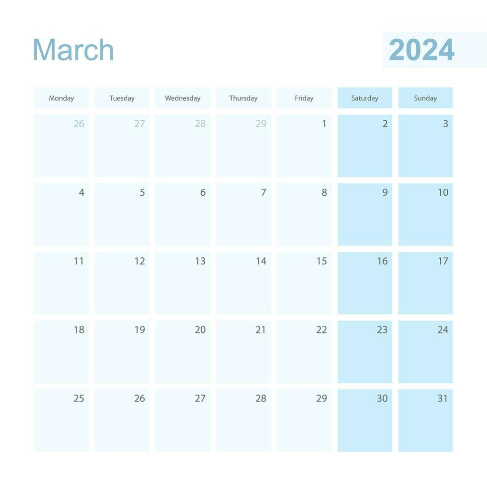 2024 March wall planner in blue pastel color, week starts on Monday. vector