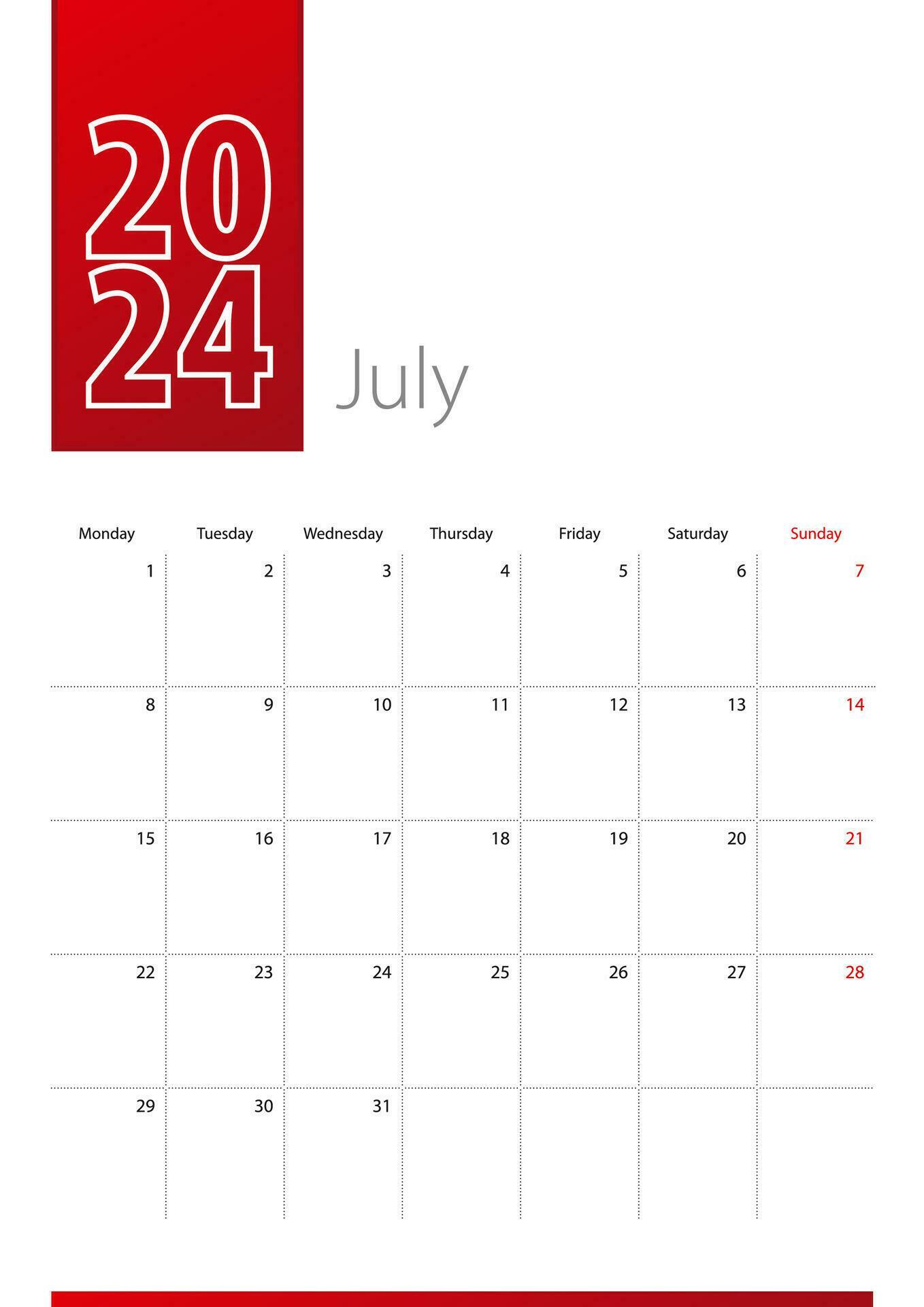 July 2024 calendar design. Week starts on Monday. Vertical calendar