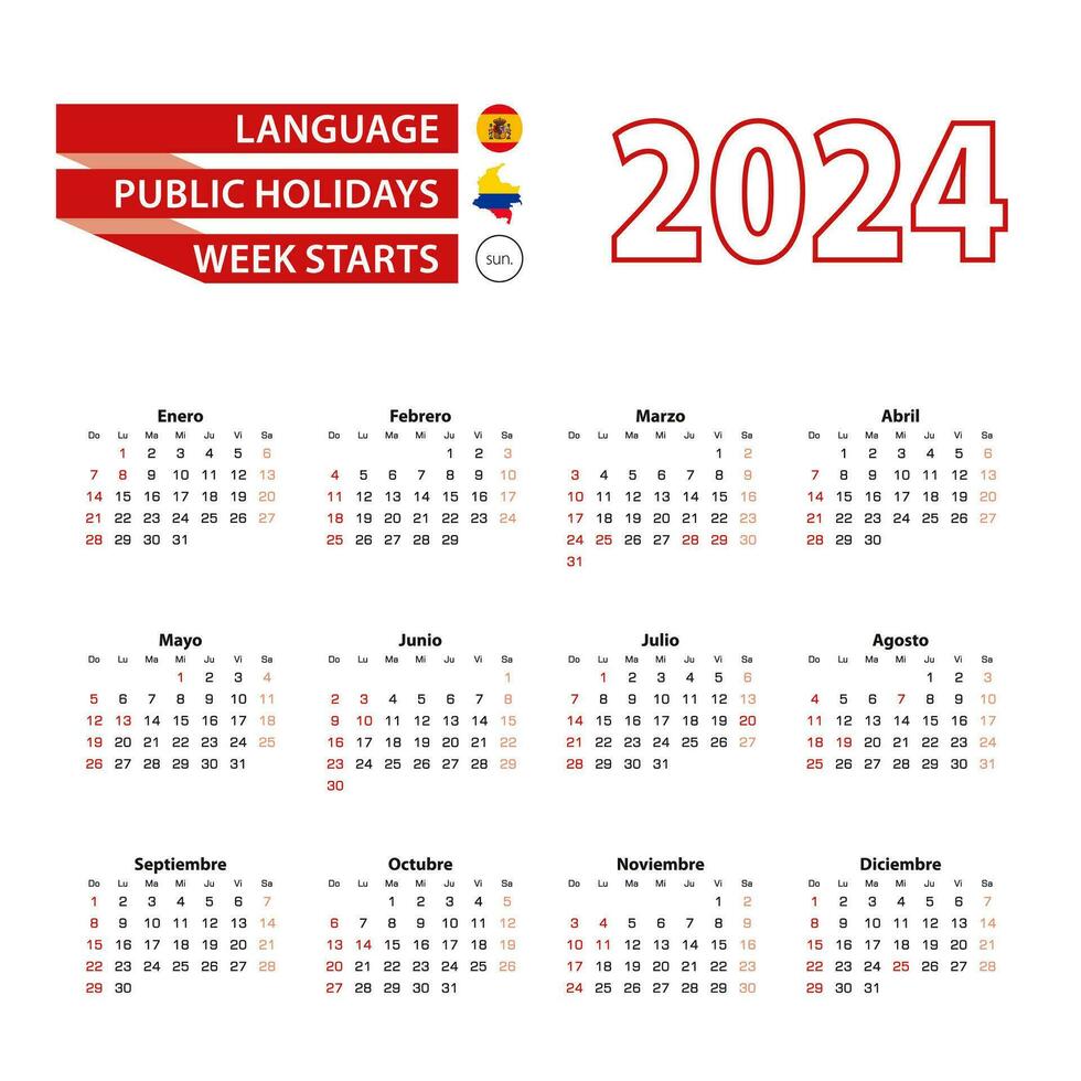 Calendar 2024 in Spanish language with public holidays the country of Colombia in year 2024. vector