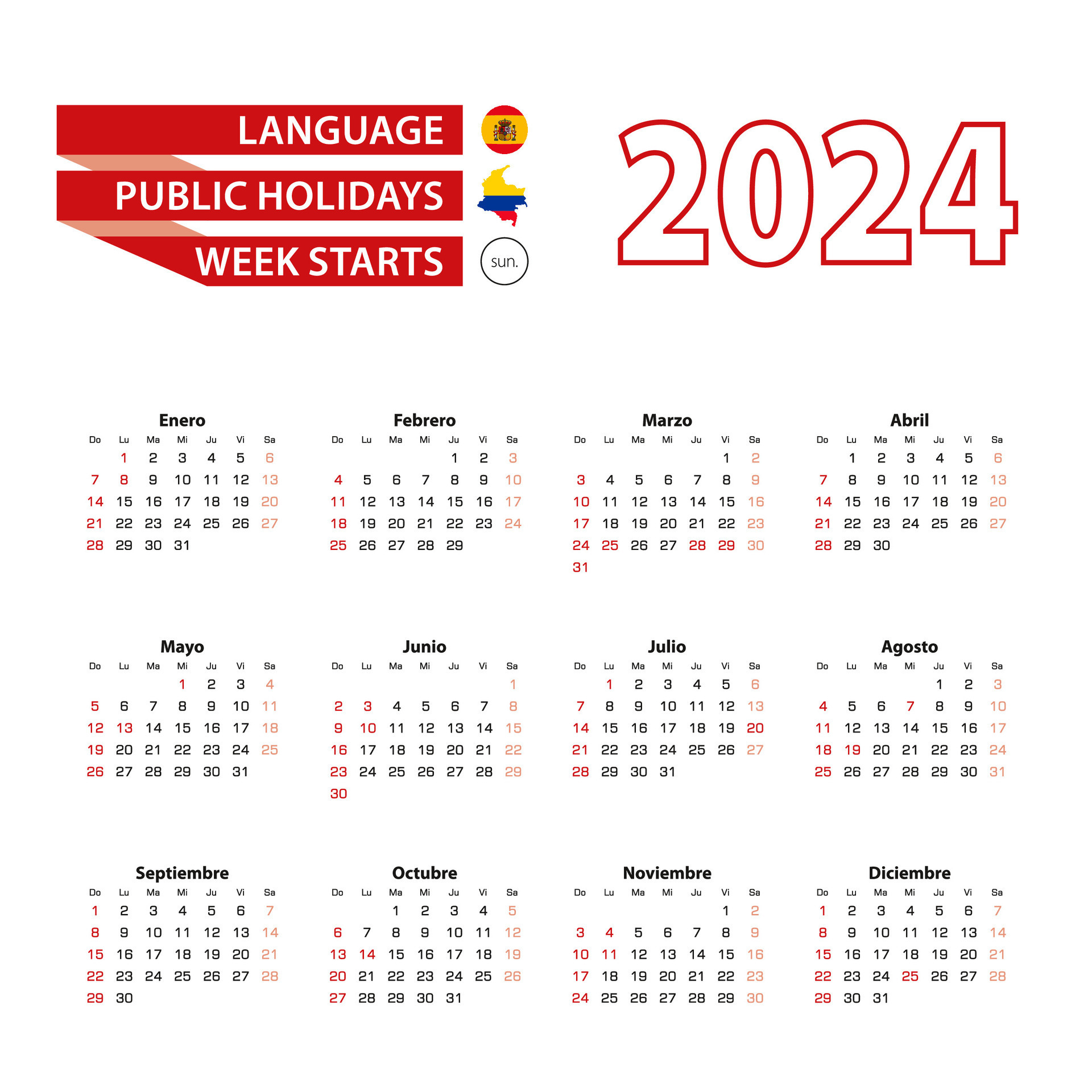 Calendar 2024 in Spanish language with public holidays the country of