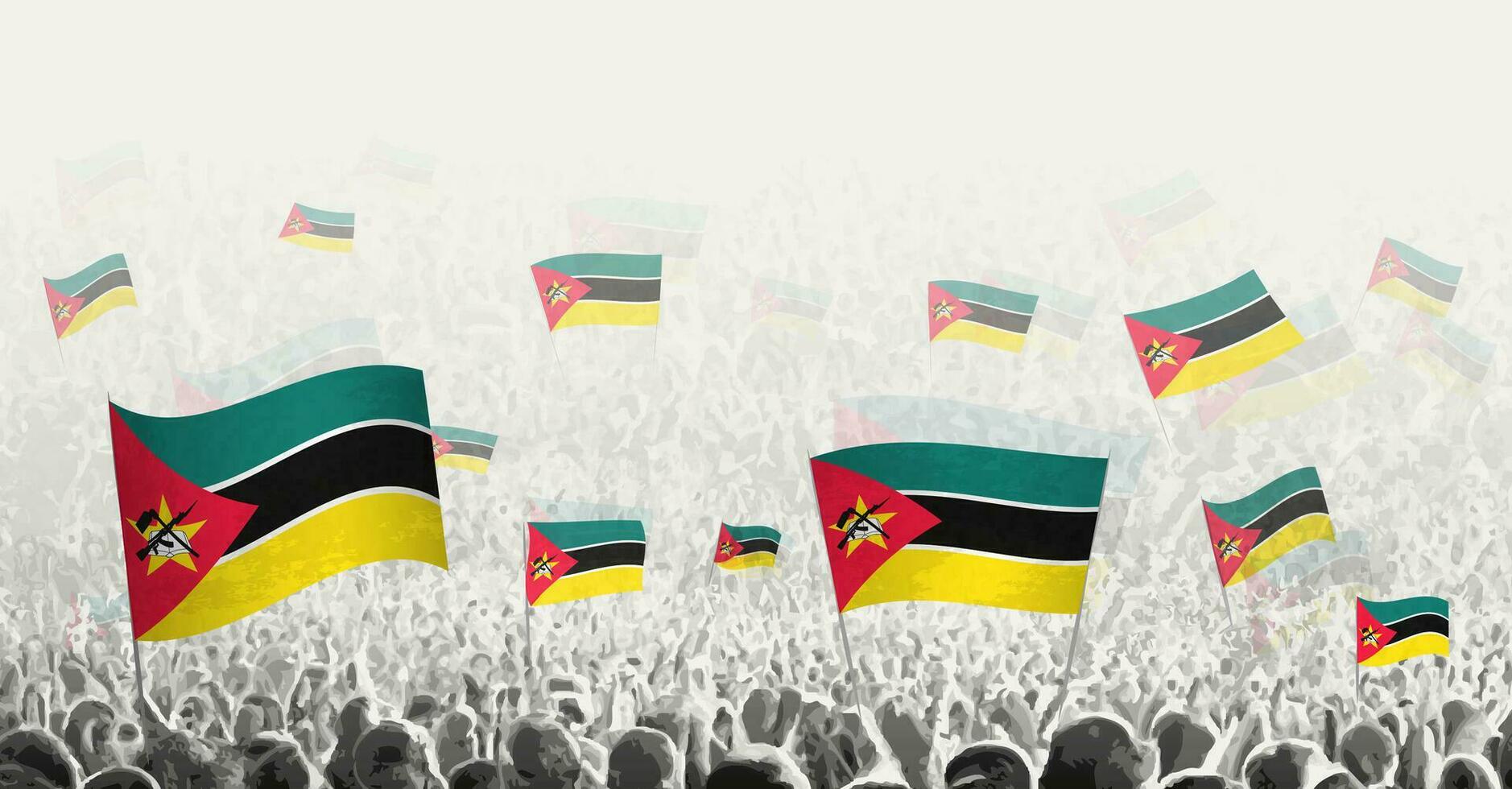 resumen multitud con bandera de Mozambique. pueblos protesta, revolución, Huelga y demostración con bandera de Mozambique. vector