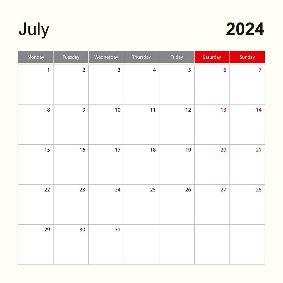 Wall calendar template for July 2024. Holiday and event planner, week starts on Monday. vector