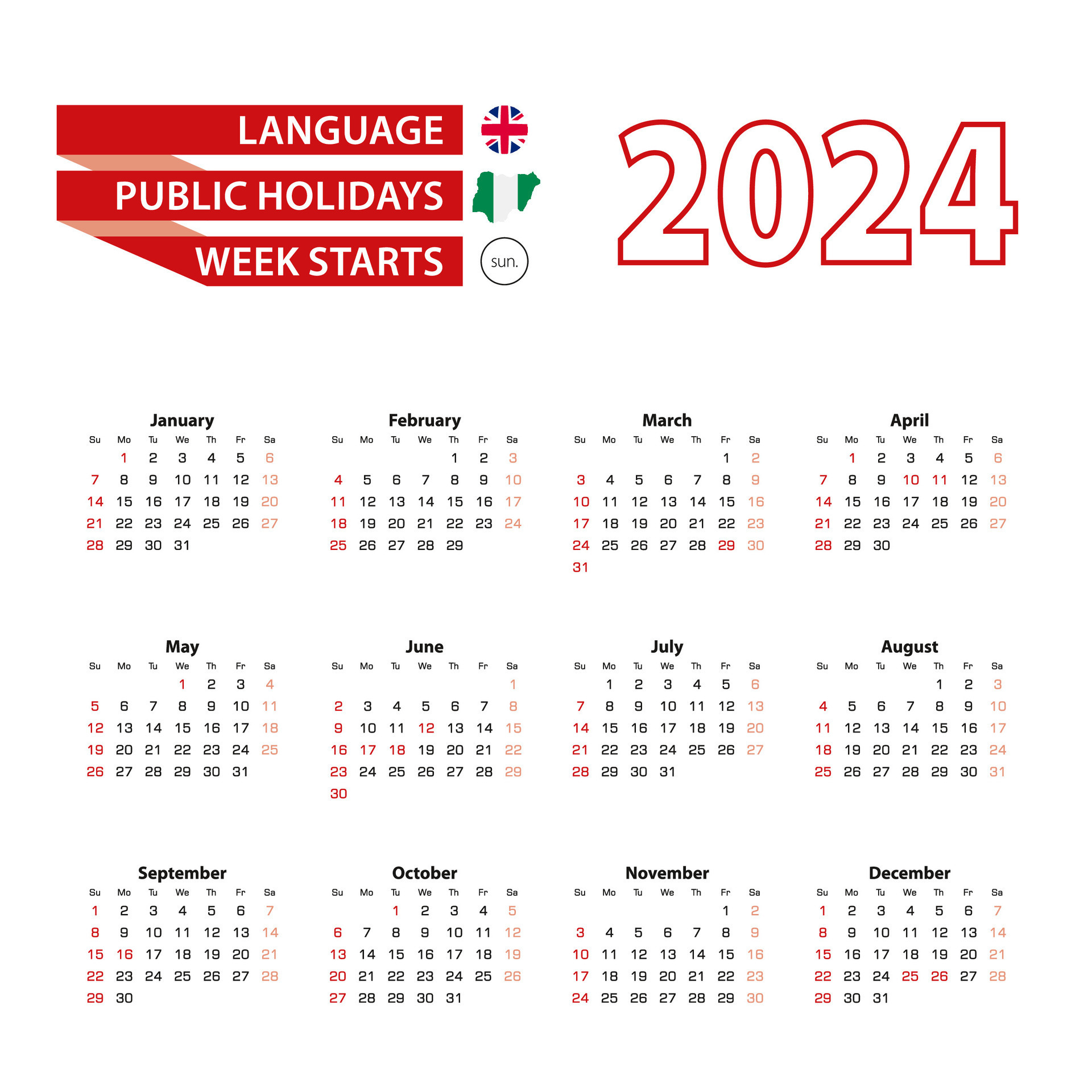 Calendar 2024 in English language with public holidays the country of