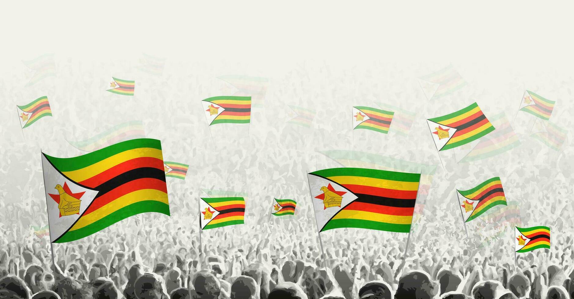 resumen multitud con bandera de Zimbabue. pueblos protesta, revolución, Huelga y demostración con bandera de Zimbabue. vector