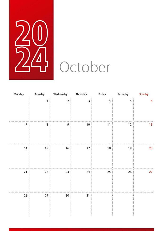 octubre 2024 calendario diseño. semana empieza en lunes. vertical calendario modelo. vector