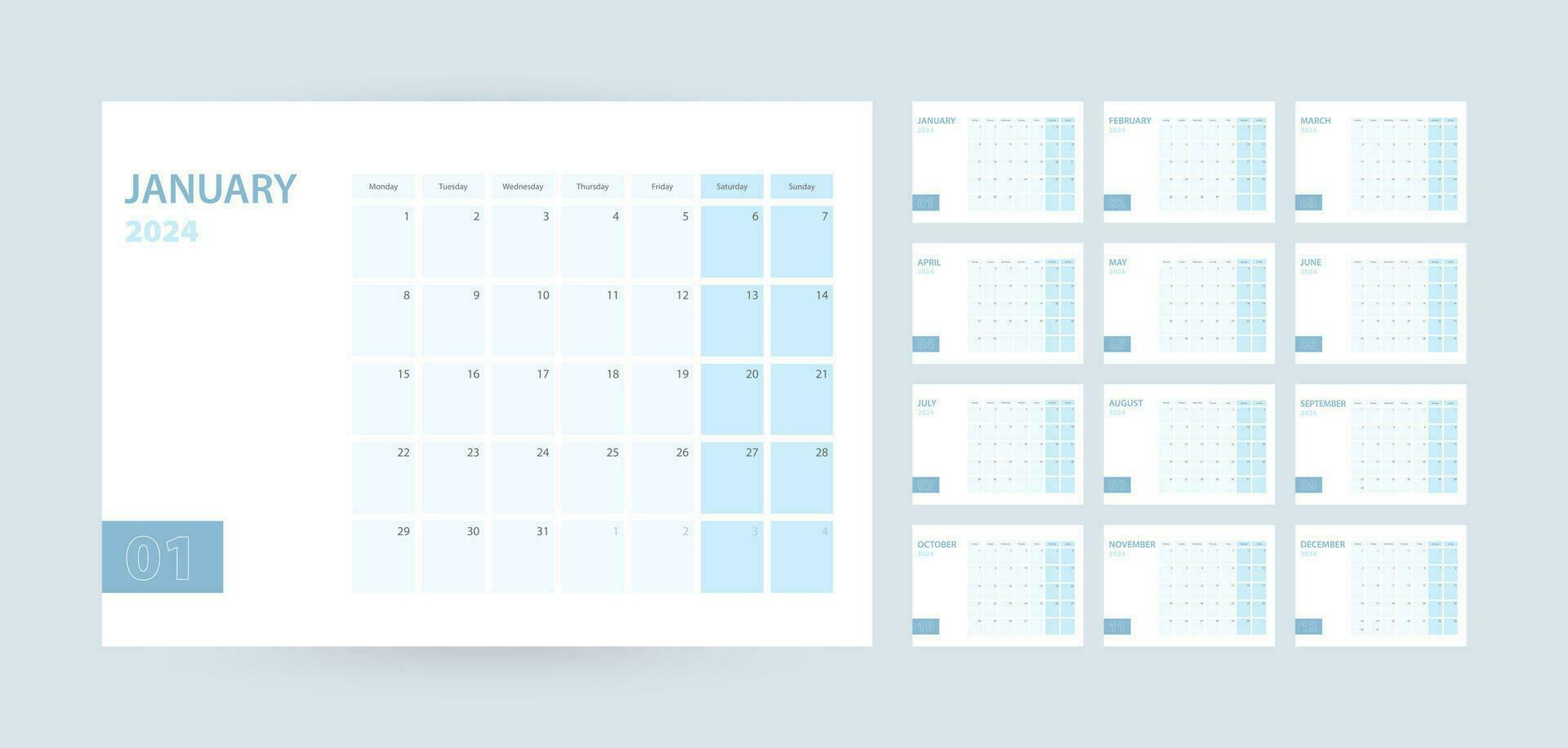 Monthly calendar template for the year 2024, the week starts on Monday. The calendar is in a blue color scheme. vector