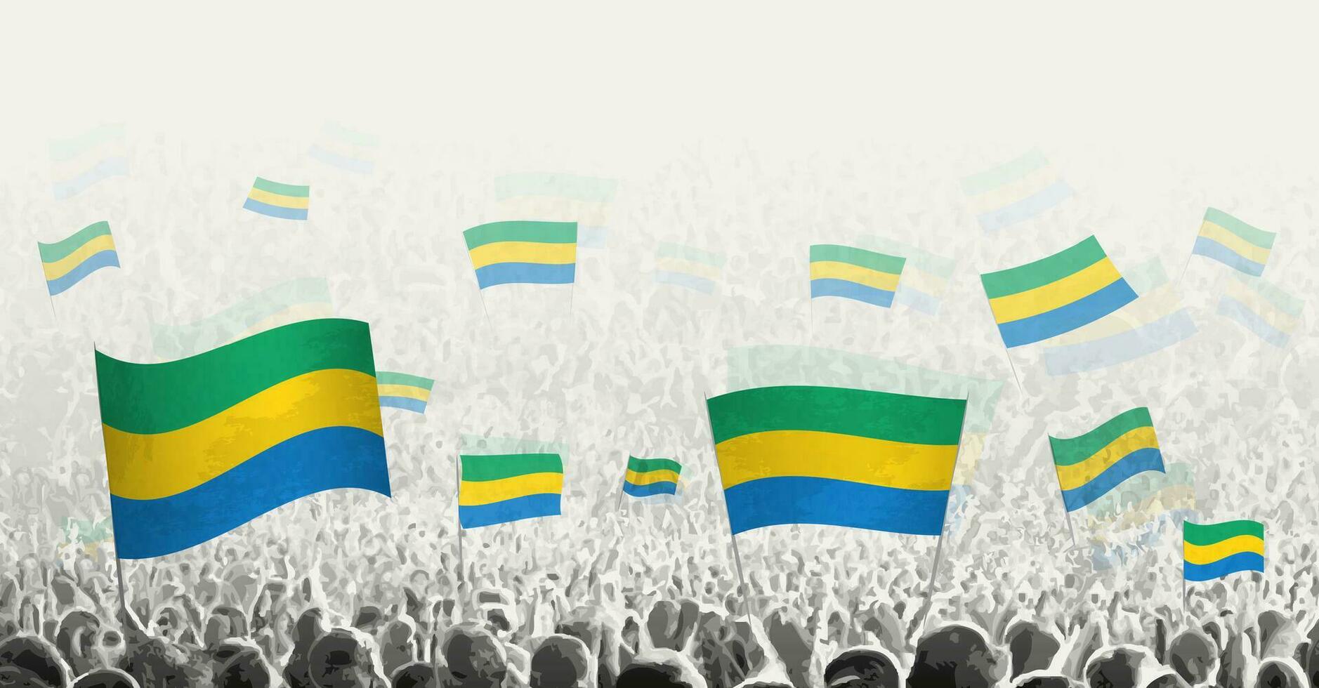 resumen multitud con bandera de Gabón. pueblos protesta, revolución, Huelga y demostración con bandera de Gabón. vector