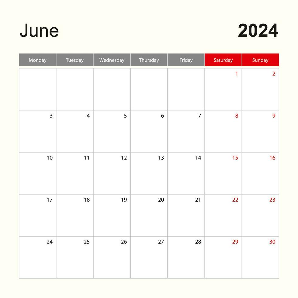 pared calendario modelo para junio 2024. fiesta y evento planificador, semana empieza en lunes. vector