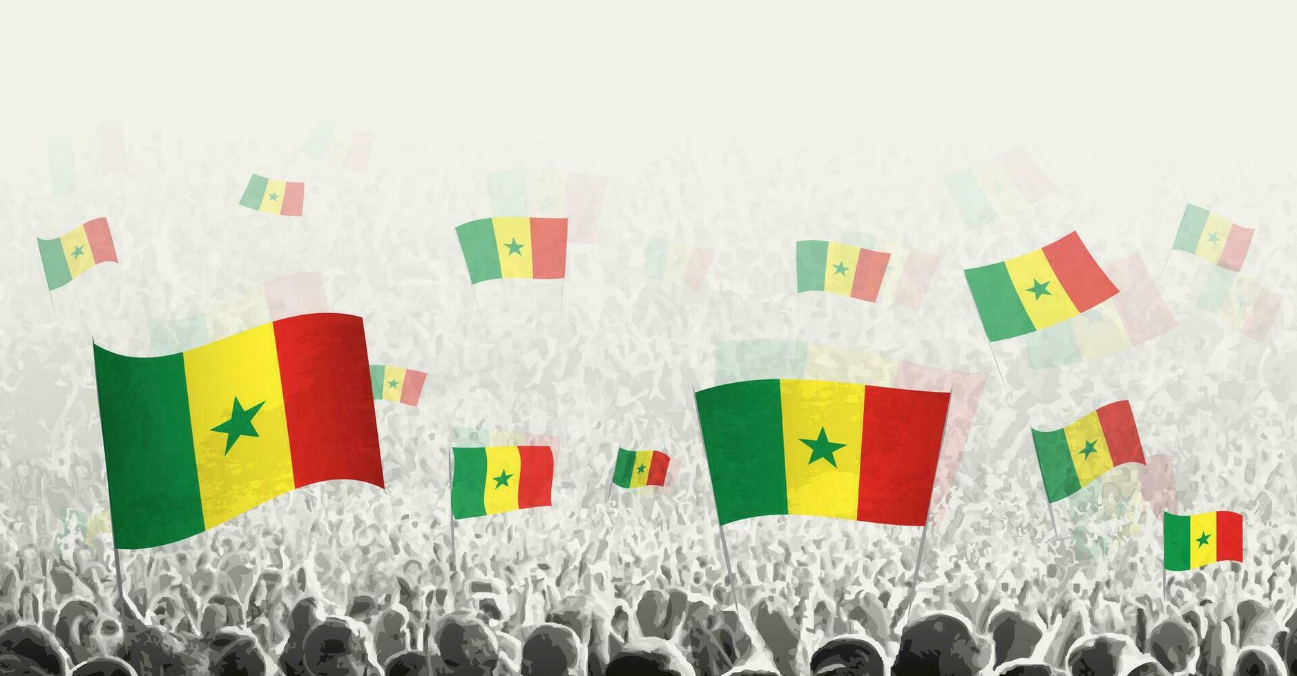 resumen multitud con bandera de Senegal. pueblos protesta, revolución, Huelga y demostración con bandera de Senegal. vector