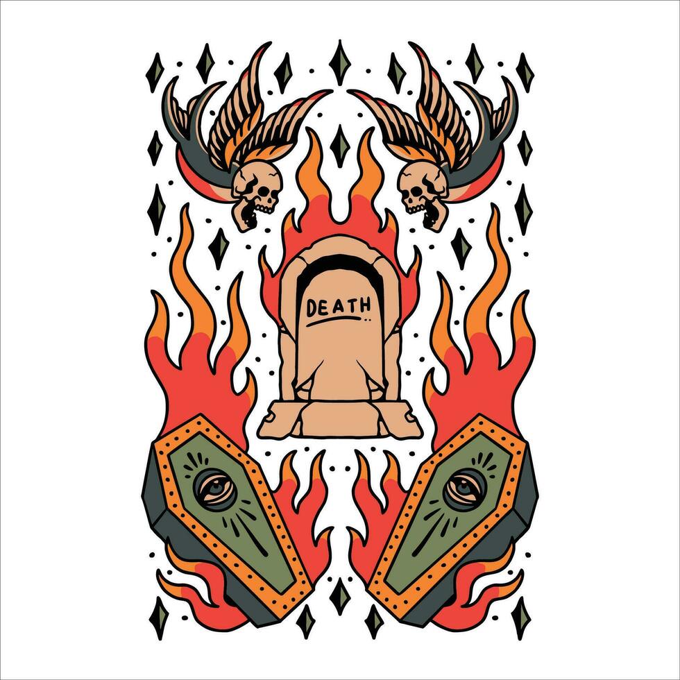 burning coffin tattoo vector design